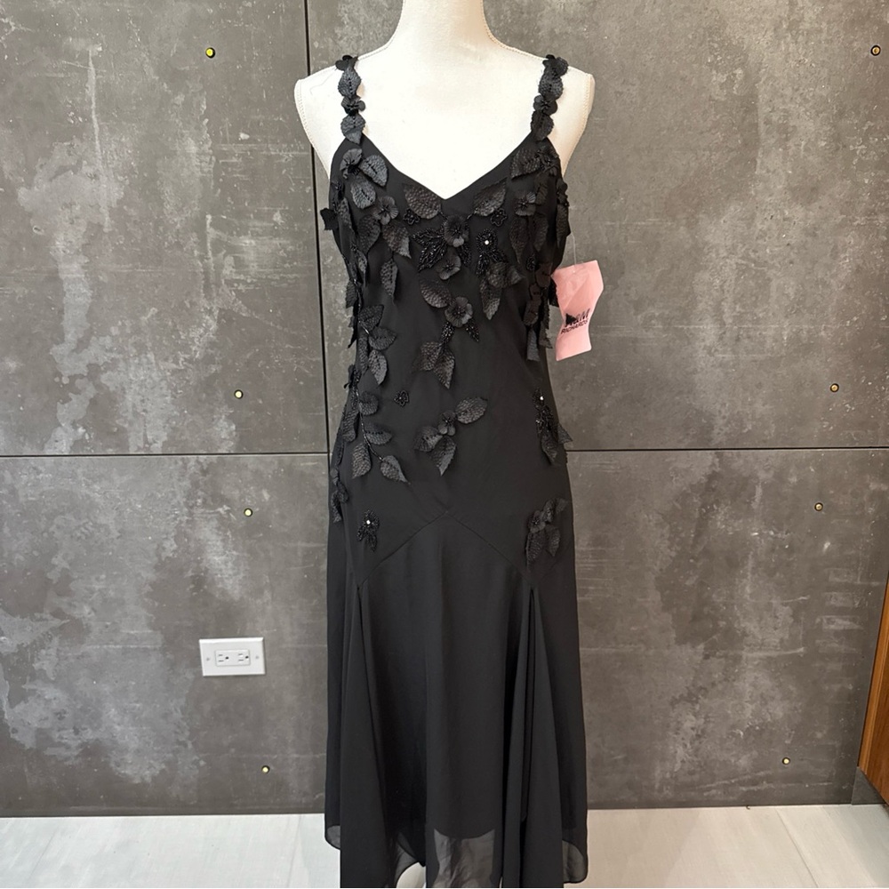 Vintage R&M Richards Midi Slip Dress Y2K Fairy Goth Floral Beaded Black 10  NEW